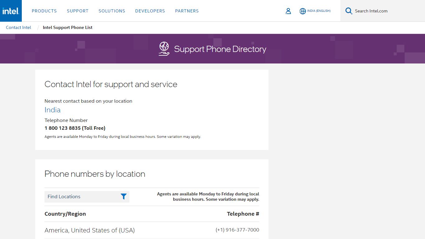Intel Support Phone List